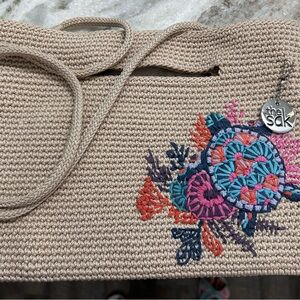 The Sak Cream Crochet Shoulder Bag with Floral Embroidery